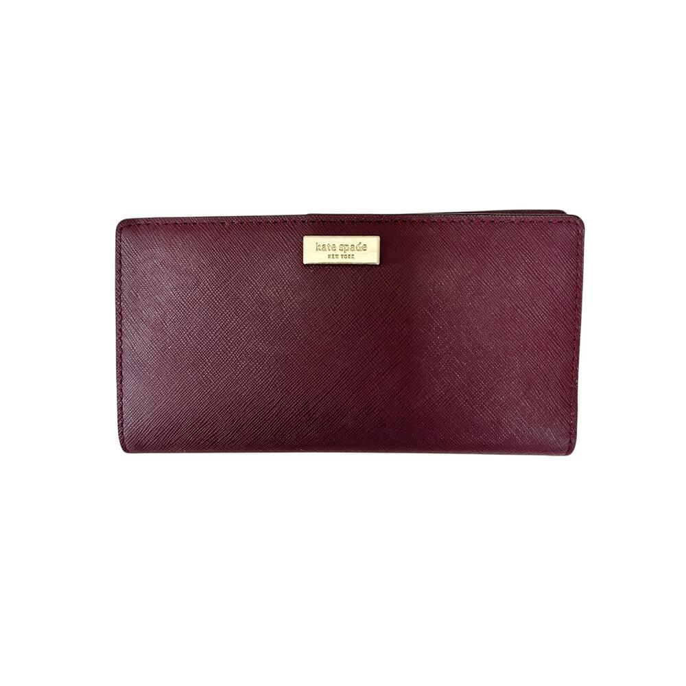KATE SPADE Purple Saffiano Leather Slim Bifold Wallet Gold Plaque Organizer